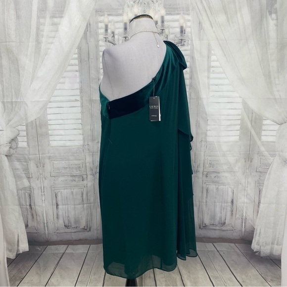 NEW Lauren Ralph Lauren Solid Green Chiffon Velvet One Shoulder Cocktail Dress - Picture 11 of 12